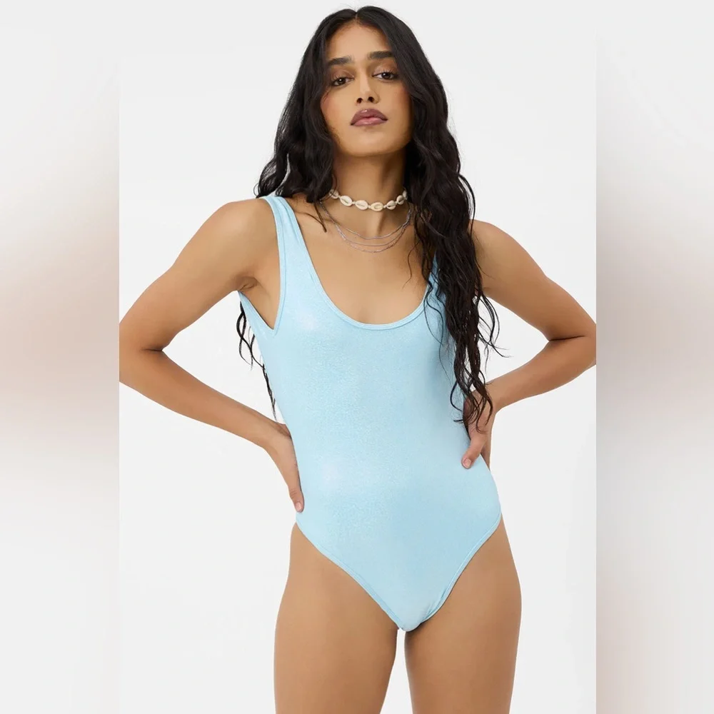 New Frankie's Bikinis Kyle Iridescent One Piece Swimsuit Cloud Chase Blue Medium